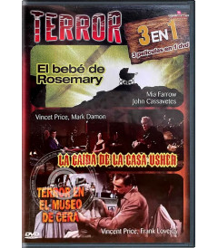 DVD - TERROR 3 EN 1 (EL BEBÉ DE ROSEMARY, LA CAÍDA DE LA CASA USHER, TERROR EN EL MUSEO DE CERA) - USADO